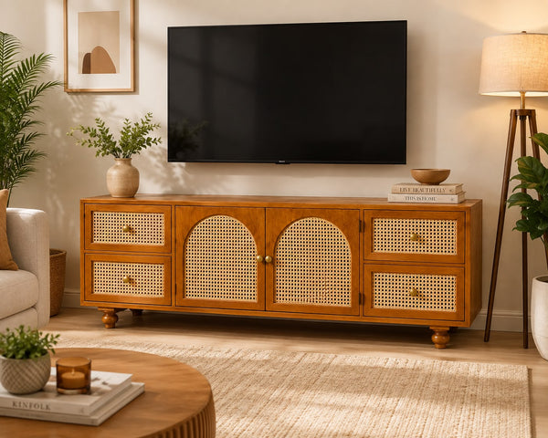 Premwood Solid Wood Cane Weave TV Unit with 4 Drawers & Cabinet | Wooden Entertainment Center with Natural Cane Doors  | Honey Finish