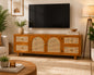 Premwood Solid Wood Cane Weave TV Unit with 4 Drawers & Cabinet | Wooden Entertainment Center with Natural Cane Doors  | Honey Finish