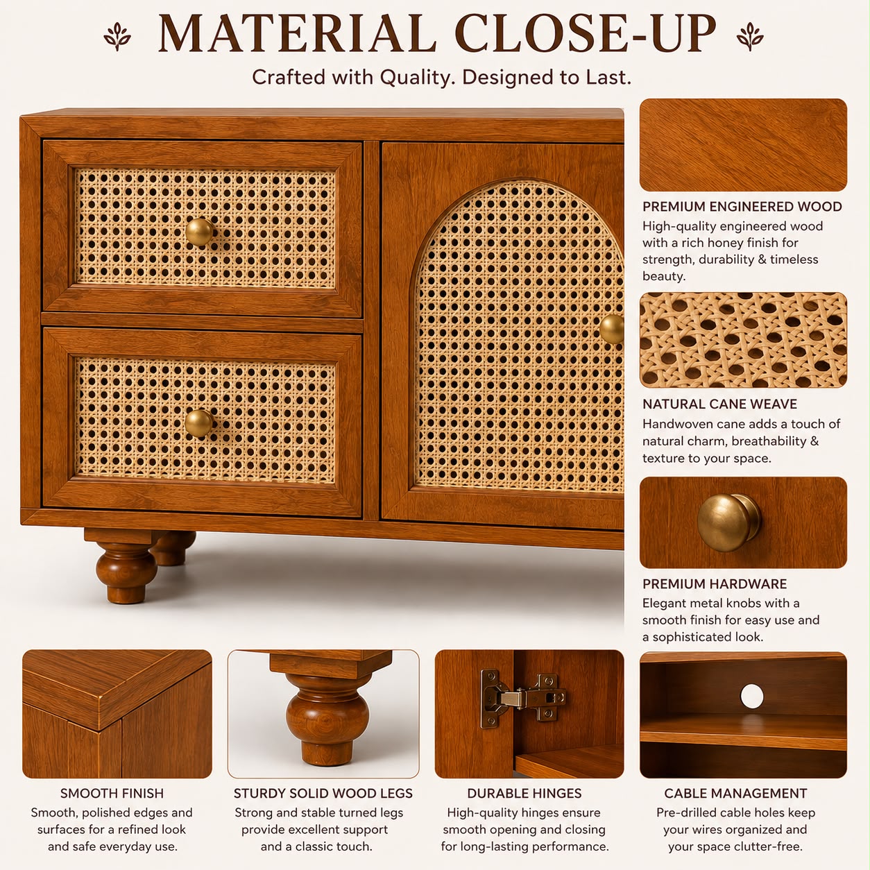 Premwood Solid Wood Cane Weave TV Unit with 4 Drawers & Cabinet | Wooden Entertainment Center with Natural Cane Doors  | Honey Finish