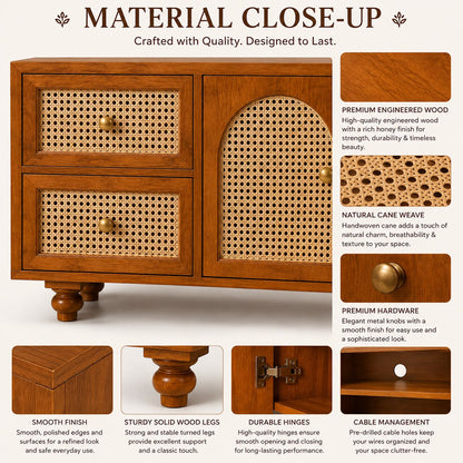 Premwood Solid Wood Cane Weave TV Unit with 4 Drawers & Cabinet | Wooden Entertainment Center with Natural Cane Doors  | Honey Finish