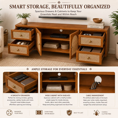 Premwood Solid Wood Cane Weave TV Unit with 4 Drawers & Cabinet | Wooden Entertainment Center with Natural Cane Doors  | Honey Finish