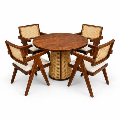 PremWood Premium Solid Sheesham Wood 4-Seater Round Dining Set – Natural Cane, Honey Finish