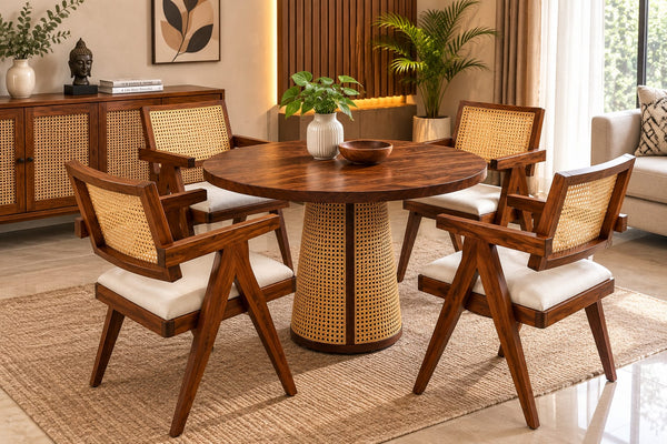 PremWood Premium Solid Sheesham Wood 4-Seater Round Dining Set – Natural Cane, Honey Finish