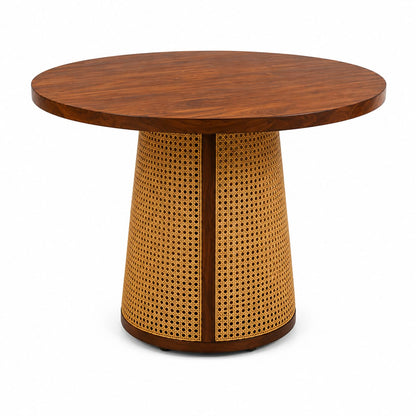 PremWood Premium Solid Sheesham Wood 4-Seater Round Dining Set – Natural Cane, Honey Finish