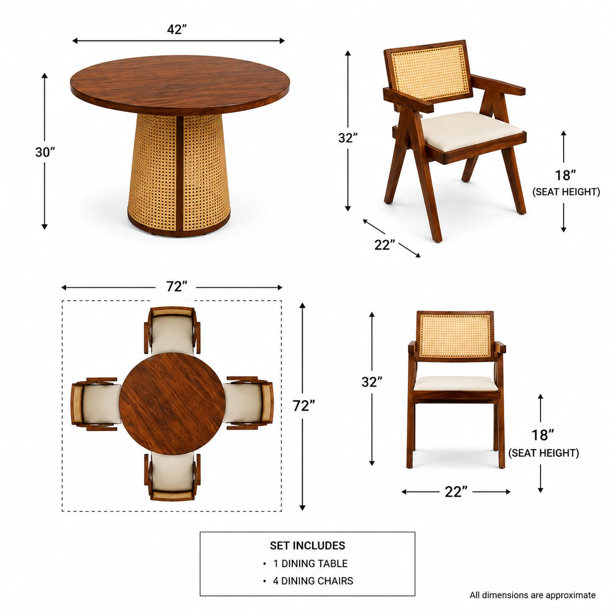# Premwood Solid Sheesham Wood Round 4-Seater Dining Table Se | Round Wooden Dining Table with Rattan Cane Chairs | Premium Dining Set for Home & Dining Room