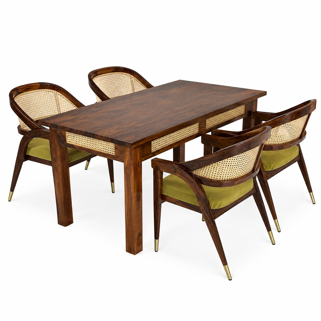 Premwood Solid Sheesham  4-Seater Dining Set with Cane Back Chairs | Wooden Dining Table with Upholstered Chairs | Premium Dining Set for Home & Dining Room | Honey Finish