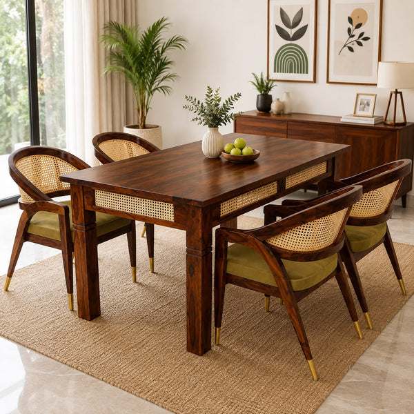 Premwood Solid Sheesham  4-Seater Dining Set with Cane Back Chairs | Wooden Dining Table with Upholstered Chairs | Premium Dining Set for Home & Dining Room | Honey Finish