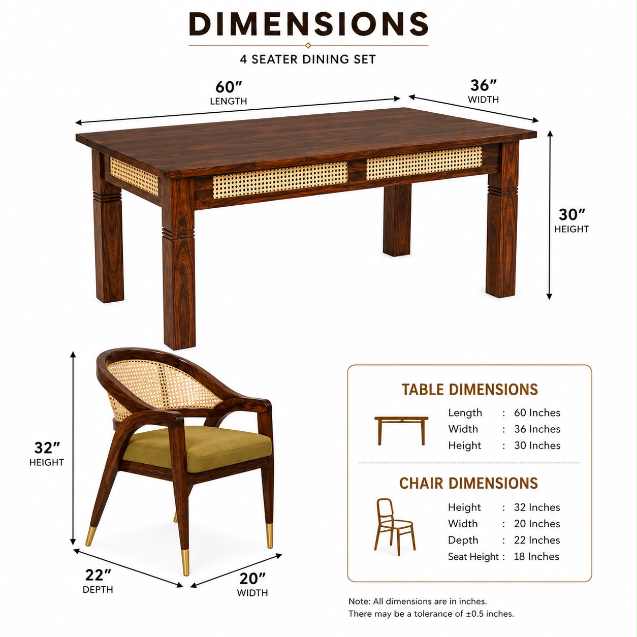 Premwood Solid Sheesham  4-Seater Dining Set with Cane Back Chairs | Wooden Dining Table with Upholstered Chairs | Premium Dining Set for Home & Dining Room | Honey Finish