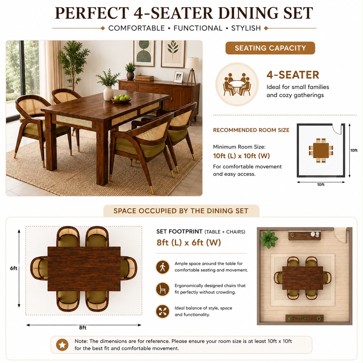 Premwood Solid Sheesham  4-Seater Dining Set with Cane Back Chairs | Wooden Dining Table with Upholstered Chairs | Premium Dining Set for Home & Dining Room | Honey Finish