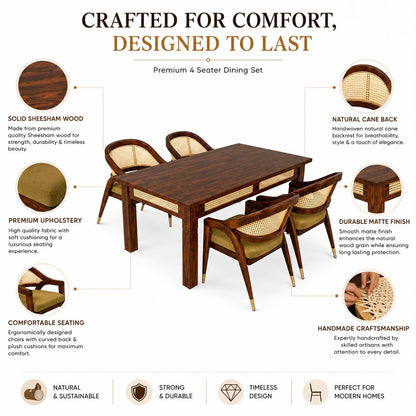 Premwood Solid Sheesham  4-Seater Dining Set with Cane Back Chairs | Wooden Dining Table with Upholstered Chairs | Premium Dining Set for Home & Dining Room | Honey Finish