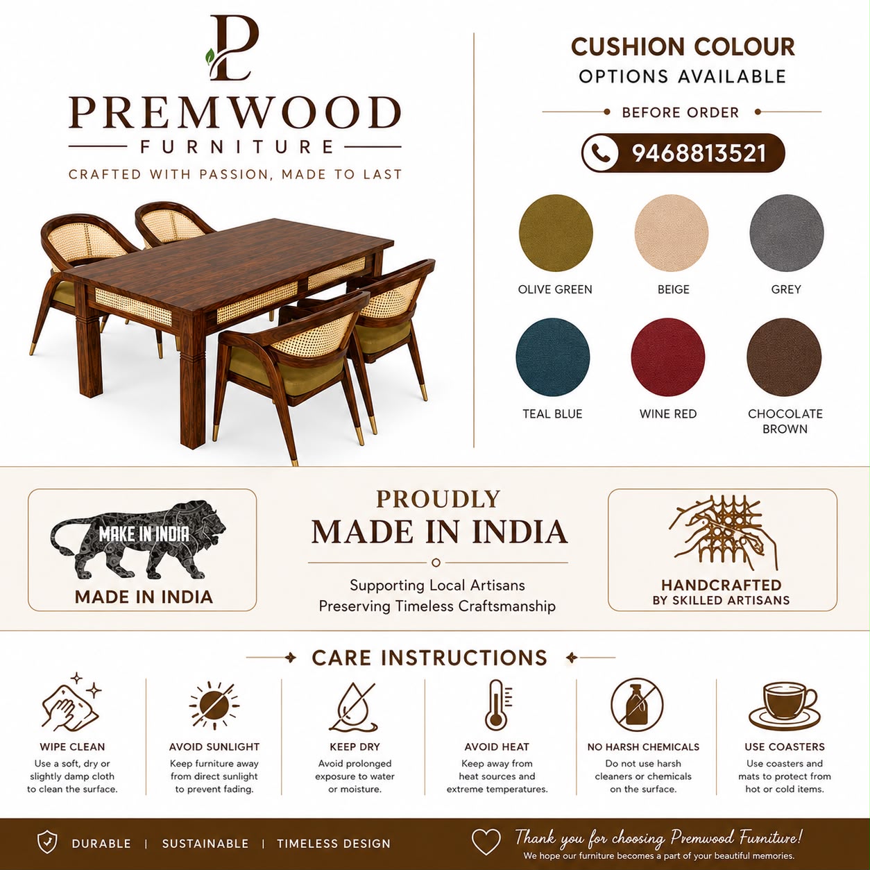 Premwood Solid Sheesham  4-Seater Dining Set with Cane Back Chairs | Wooden Dining Table with Upholstered Chairs | Premium Dining Set for Home & Dining Room | Honey Finish