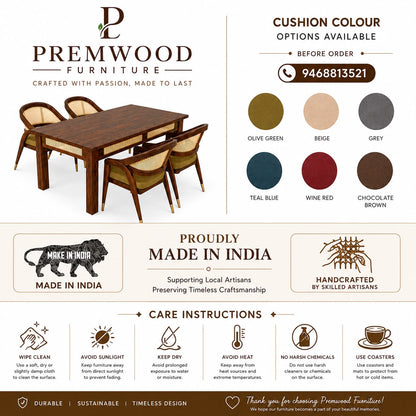 Premwood Solid Sheesham  4-Seater Dining Set with Cane Back Chairs | Wooden Dining Table with Upholstered Chairs | Premium Dining Set for Home & Dining Room | Honey Finish