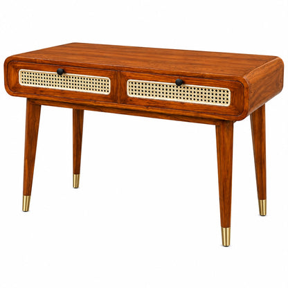 Premwood Solid Sheesham  Writing Desk with 2 Rattan Cane Drawers | Mid-Century Modern Study & Home Office Desk | Wooden Work Table with Storage | Honey Finish