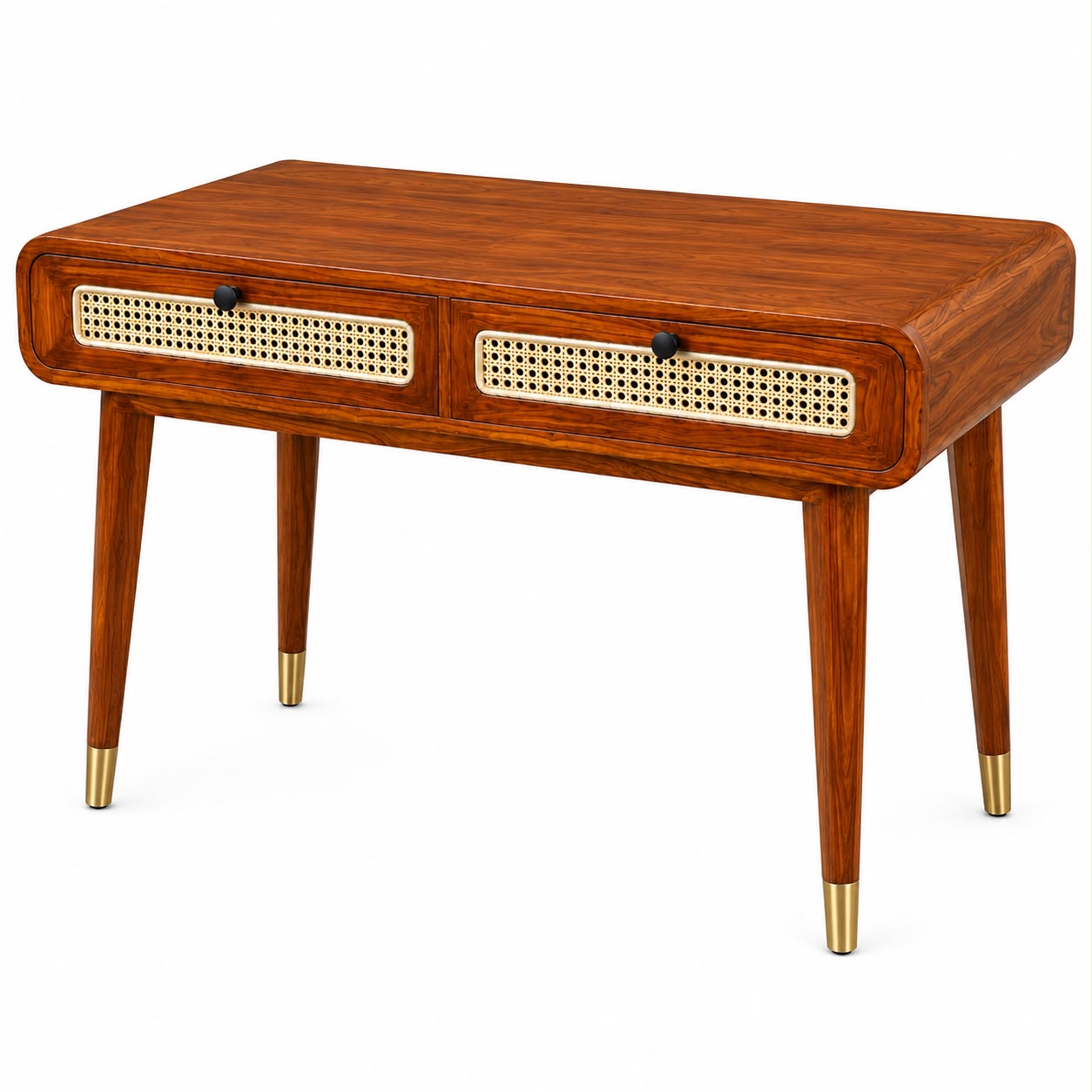 Premwood Solid Sheesham  Writing Desk with 2 Rattan Cane Drawers | Mid-Century Modern Study & Home Office Desk | Wooden Work Table with Storage | Honey Finish