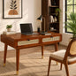 Premwood Solid Sheesham  Writing Desk with 2 Rattan Cane Drawers | Mid-Century Modern Study & Home Office Desk | Wooden Work Table with Storage | Honey Finish
