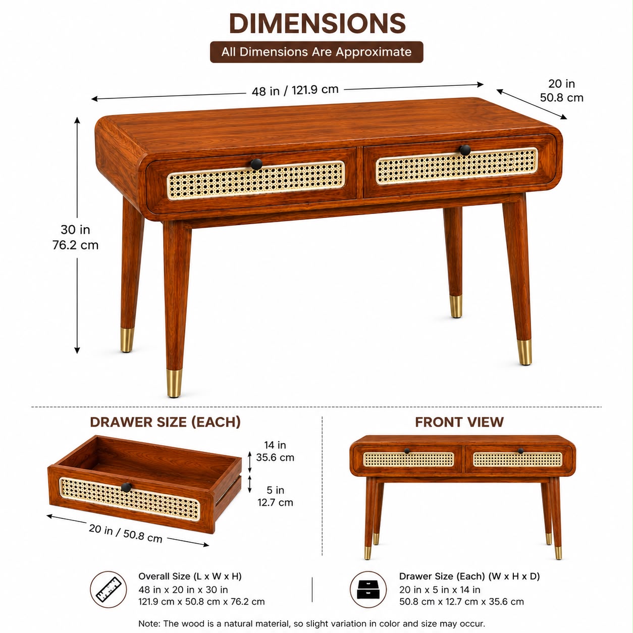 Premwood Solid Sheesham  Writing Desk with 2 Rattan Cane Drawers | Mid-Century Modern Study & Home Office Desk | Wooden Work Table with Storage | Honey Finish