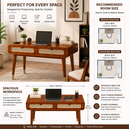 Premwood Solid Sheesham  Writing Desk with 2 Rattan Cane Drawers | Mid-Century Modern Study & Home Office Desk | Wooden Work Table with Storage | Honey Finish