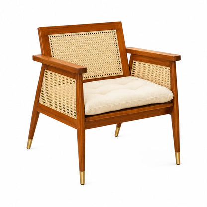 Premwood Solid Sheesham Wood Rattan Cane Chair with Cushion | Wooden Armchair with Handwoven Cane Back & Sides | Living Room & Bedroom Chair | Honey Finish