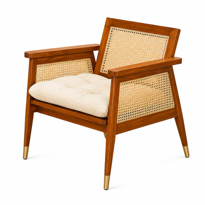 Premwood Solid Sheesham Wood Rattan Cane Chair with Cushion | Wooden Armchair with Handwoven Cane Back & Sides | Living Room & Bedroom Chair | Honey Finish