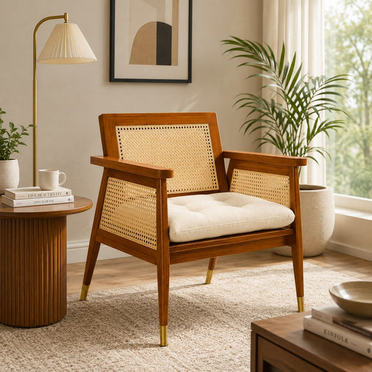 Premwood Solid Sheesham Wood Rattan Cane Chair with Cushion | Wooden Armchair with Handwoven Cane Back & Sides | Living Room & Bedroom Chair | Honey Finish