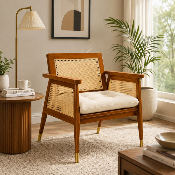 Premwood Solid Sheesham Wood Rattan Cane Chair with Cushion | Wooden Armchair with Handwoven Cane Back & Sides | Living Room & Bedroom Chair | Honey Finish