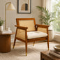 Premwood Solid Sheesham Wood Rattan Cane Chair with Cushion | Wooden Armchair with Handwoven Cane Back & Sides | Living Room & Bedroom Chair | Honey Finish