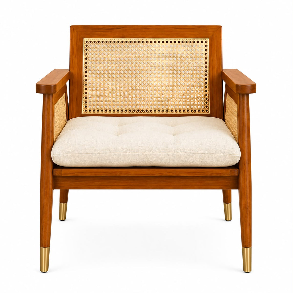 Premwood Solid Sheesham Wood Rattan Cane Chair with Cushion | Wooden Armchair with Handwoven Cane Back & Sides | Living Room & Bedroom Chair | Honey Finish