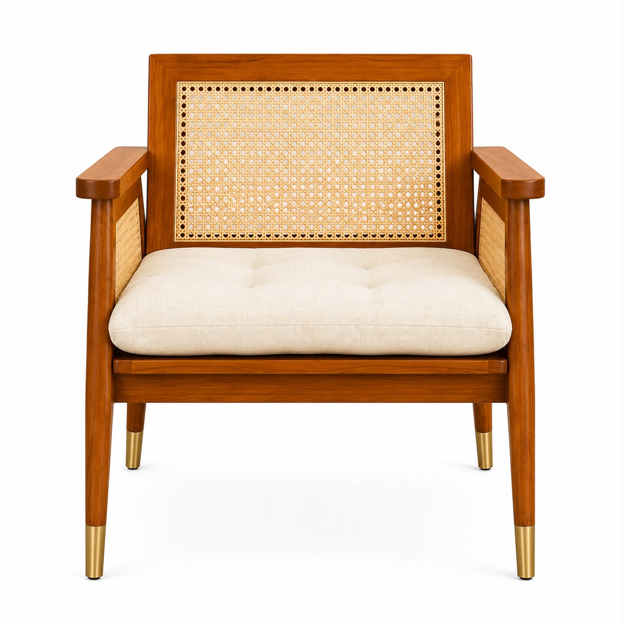 Premwood Solid Sheesham Wood Rattan Cane Chair with Cushion | Wooden Armchair with Handwoven Cane Back & Sides | Living Room & Bedroom Chair | Honey Finish