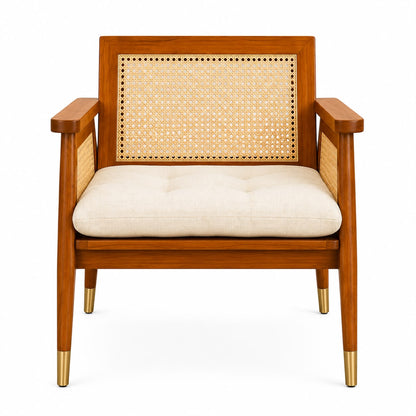 Premwood Solid Sheesham Wood Rattan Cane Chair with Cushion | Wooden Armchair with Handwoven Cane Back & Sides | Living Room & Bedroom Chair | Honey Finish
