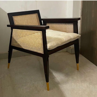 Premwood Solid Sheesham Wood Rattan Cane Chair with Cushion | Wooden Armchair with Handwoven Cane Back & Sides | Living Room & Bedroom Chair | Honey Finish