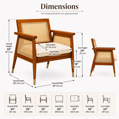 Premwood Solid Sheesham Wood Rattan Cane Chair with Cushion | Wooden Armchair with Handwoven Cane Back & Sides | Living Room & Bedroom Chair | Honey Finish