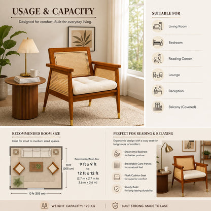 Premwood Solid Sheesham Wood Rattan Cane Chair with Cushion | Wooden Armchair with Handwoven Cane Back & Sides | Living Room & Bedroom Chair | Honey Finish