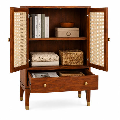 Premwood Solid Sheesham Wood Armoire Cabinet with Rattan Cane Doors | Wooden Storage Cabinet with 2-Door Wardrobe & Drawer | Honey Finish for Bedroom & Living Room