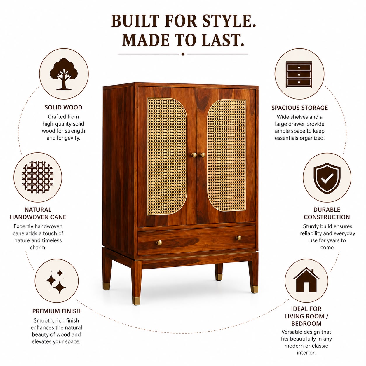 Premwood Solid Sheesham Wood Armoire Cabinet with Rattan Cane Doors | Wooden Storage Cabinet with 2-Door Wardrobe & Drawer | Honey Finish for Bedroom & Living Room