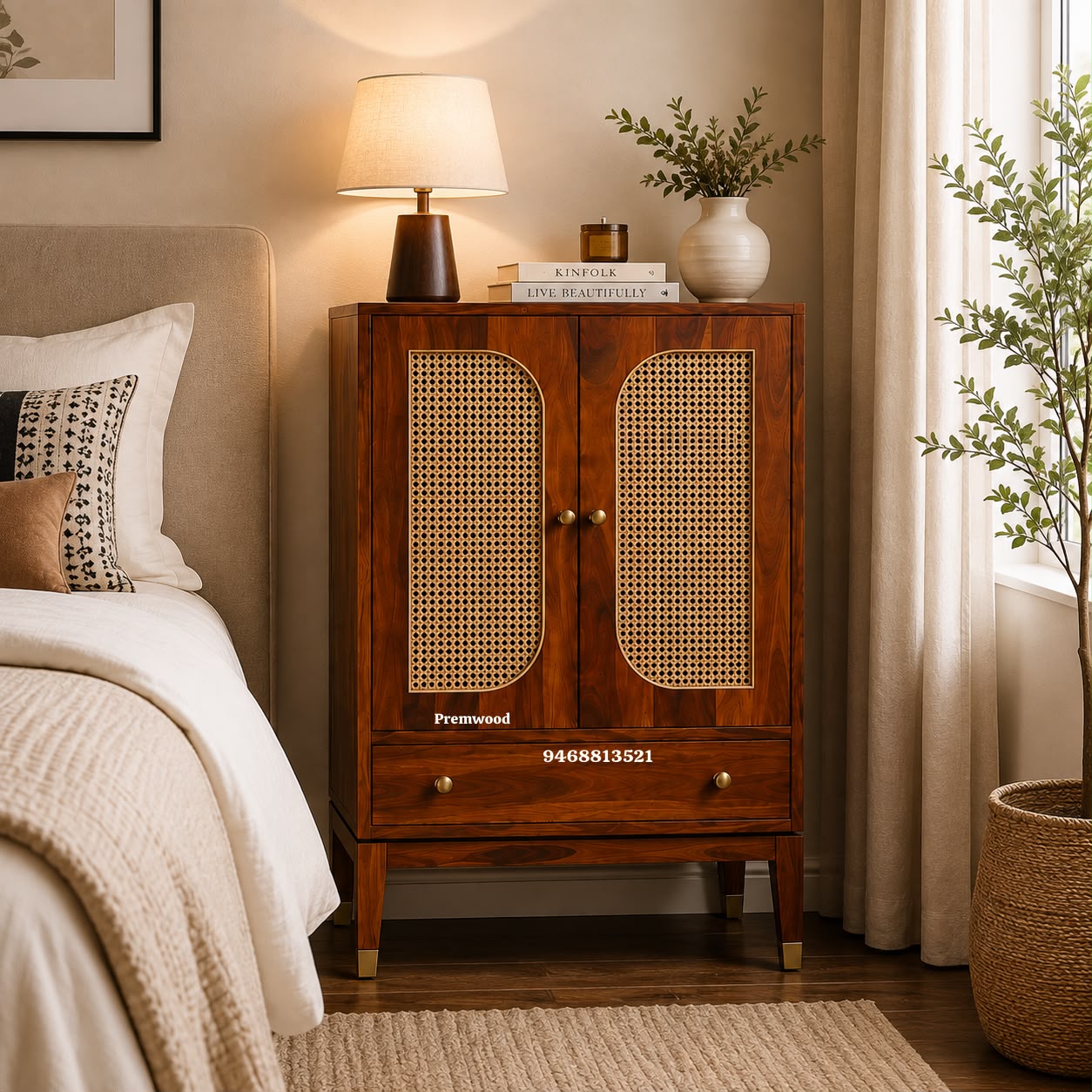 Premwood Solid Sheesham Wood Armoire Cabinet with Rattan Cane Doors | Wooden Storage Cabinet with 2-Door Wardrobe & Drawer | Honey Finish for Bedroom & Living Room