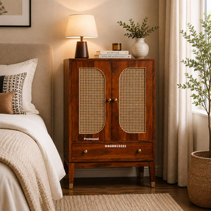 Premwood Solid Sheesham Wood Armoire Cabinet with Rattan Cane Doors | Wooden Storage Cabinet with 2-Door Wardrobe & Drawer | Honey Finish for Bedroom & Living Room