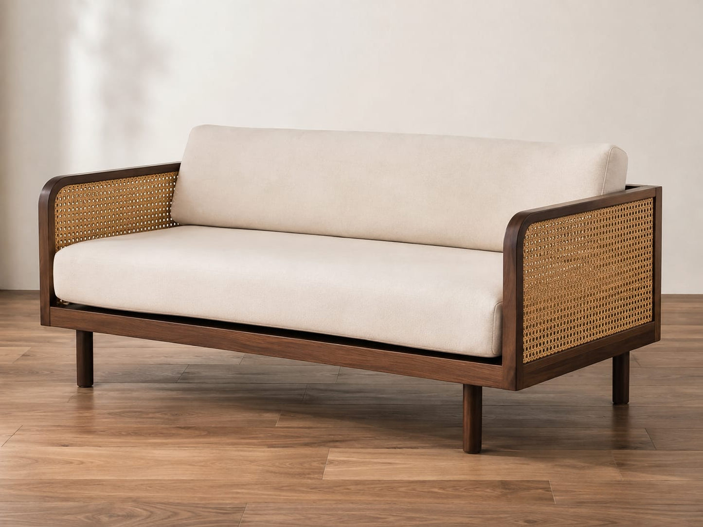 PremWood Solid Sheesham Wood 3-Seater Sofa with Natural Rattan Cane Panels – Honey Finish