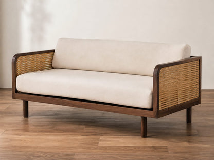 PremWood Solid Sheesham Wood 3-Seater Sofa with Natural Rattan Cane Panels – Honey Finish