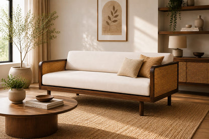 PremWood Solid Sheesham Wood 3-Seater Sofa with Natural Rattan Cane Panels – Honey Finish