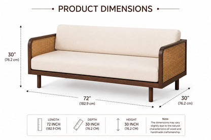 PremWood Solid Sheesham Wood 3-Seater Sofa with Natural Rattan Cane Panels – Honey Finish