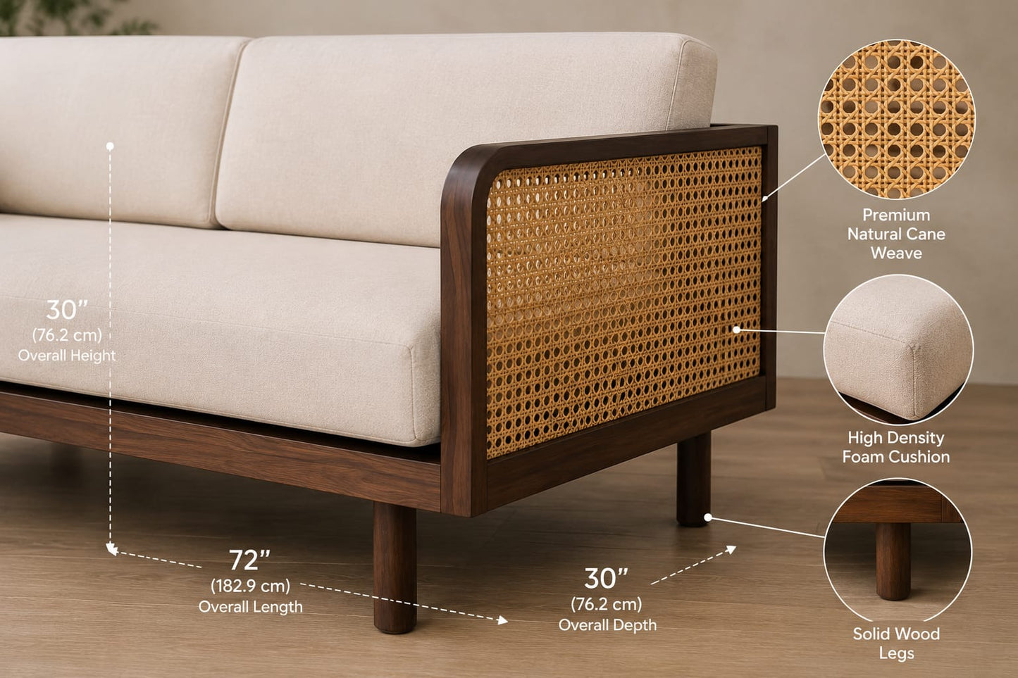 PremWood Solid Sheesham Wood 3-Seater Sofa with Natural Rattan Cane Panels – Honey Finish