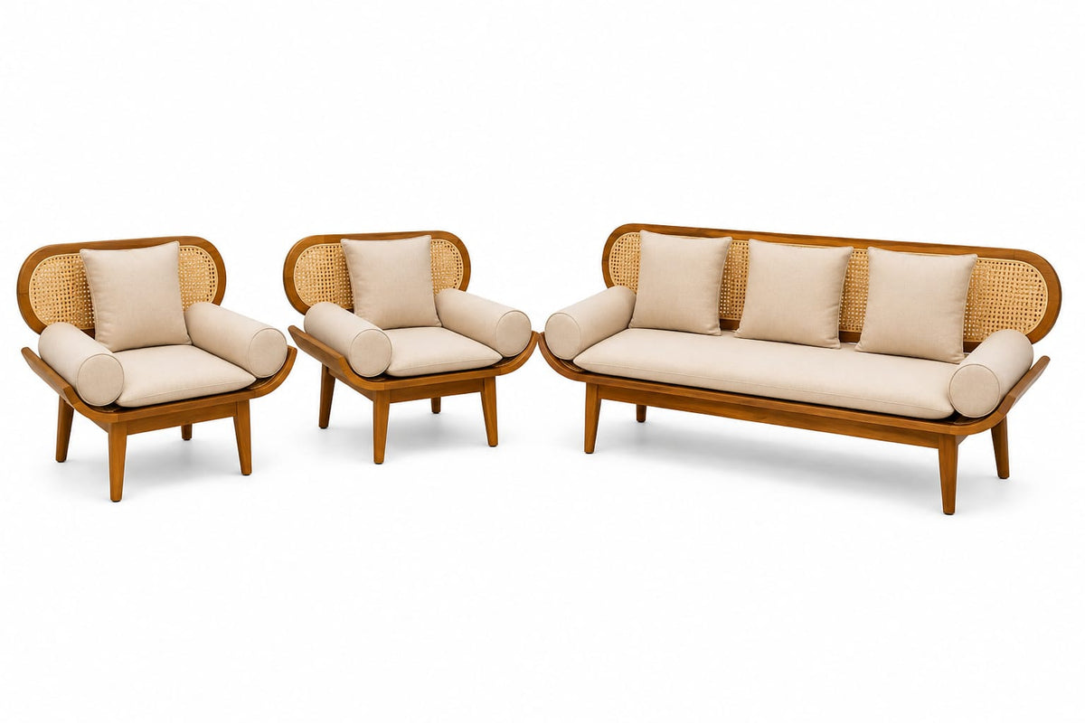 Premwood Solid Sheesham Wood 3+1+1 Sofa Set with Natural Rattan Cane | 3-Seater Sofa & 2 Single Seater Chairs | Honey Finish |  Living Room Furniture