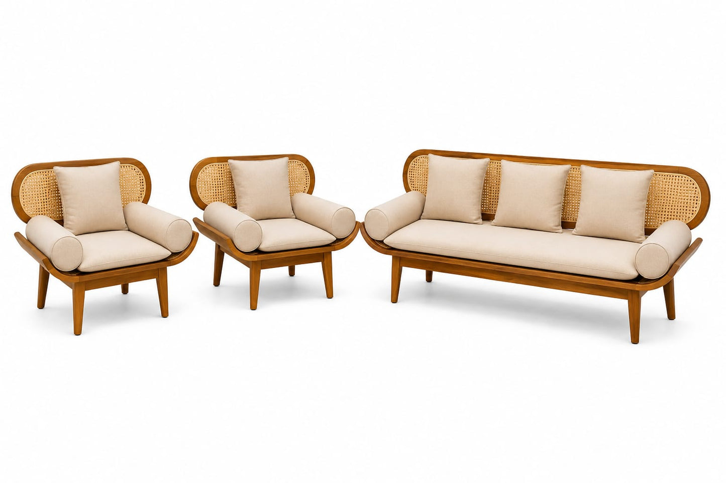 Premwood Solid Sheesham Wood 3+1+1 Sofa Set with Natural Rattan Cane | 3-Seater Sofa & 2 Single Seater Chairs | Honey Finish |  Living Room Furniture