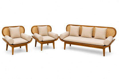 Premwood Solid Sheesham Wood 3+1+1 Sofa Set with Natural Rattan Cane | 3-Seater Sofa & 2 Single Seater Chairs | Honey Finish |  Living Room Furniture