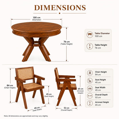 Premwood Solid Sheesham Wood Round Dining Table Set with 2 Cane Chairs | 100 cm Round Wooden Dining Set for Home & Dining Room | Honey Finish