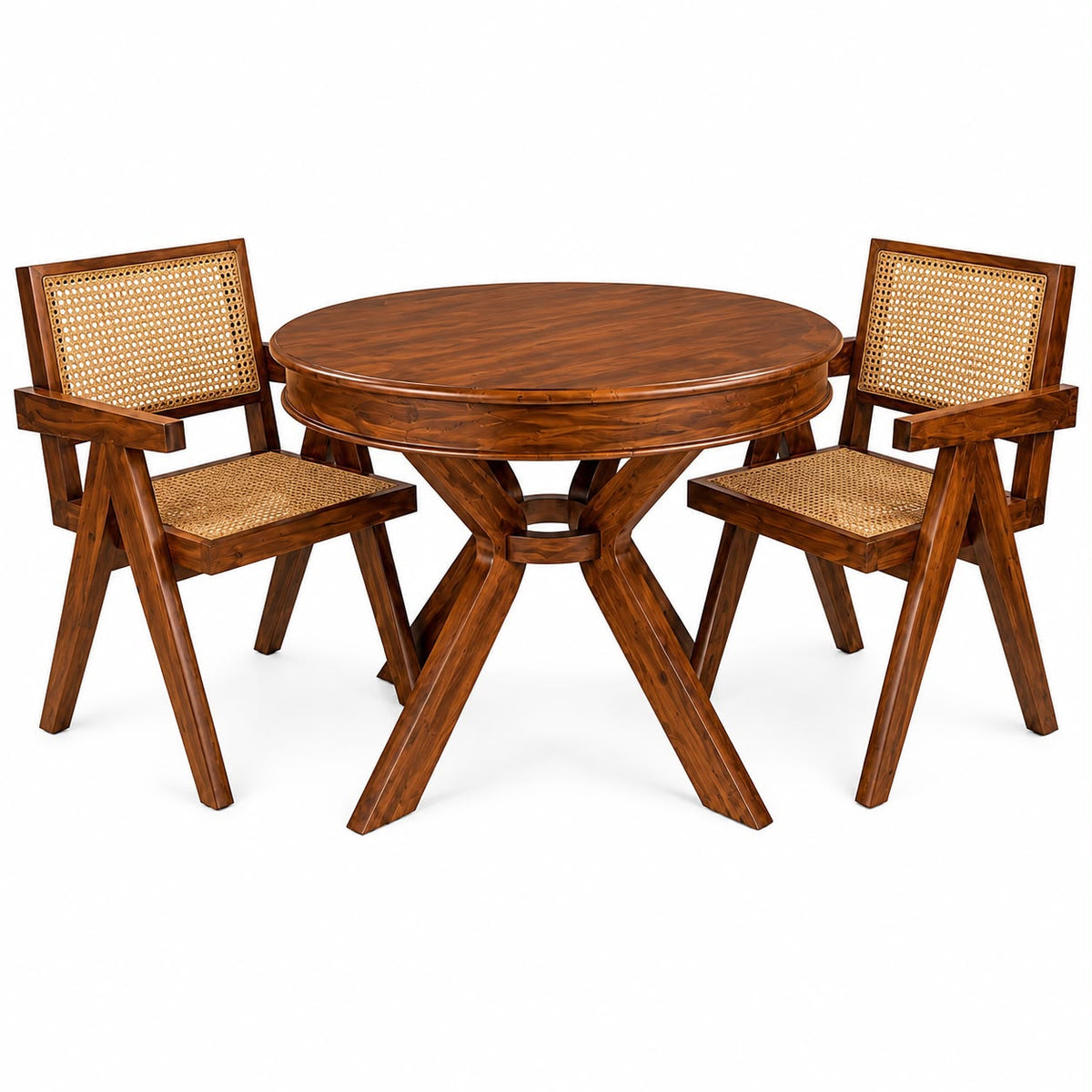 Premwood Solid Sheesham Wood Round Dining Table Set with 2 Cane Chairs | 100 cm Round Wooden Dining Set for Home & Dining Room | Honey Finish