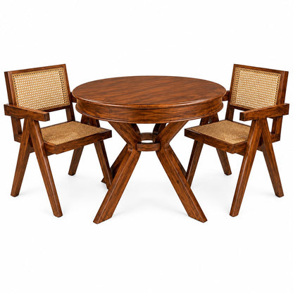 Premwood Solid Sheesham Wood Round Dining Table Set with 2 Cane Chairs | 100 cm Round Wooden Dining Set for Home & Dining Room | Honey Finish