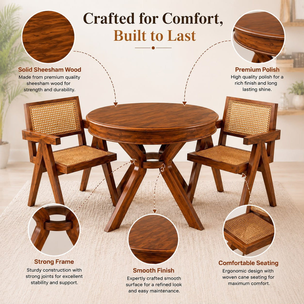 Premwood Solid Sheesham Wood Round Dining Table Set with 2 Cane Chairs | 100 cm Round Wooden Dining Set for Home & Dining Room | Honey Finish