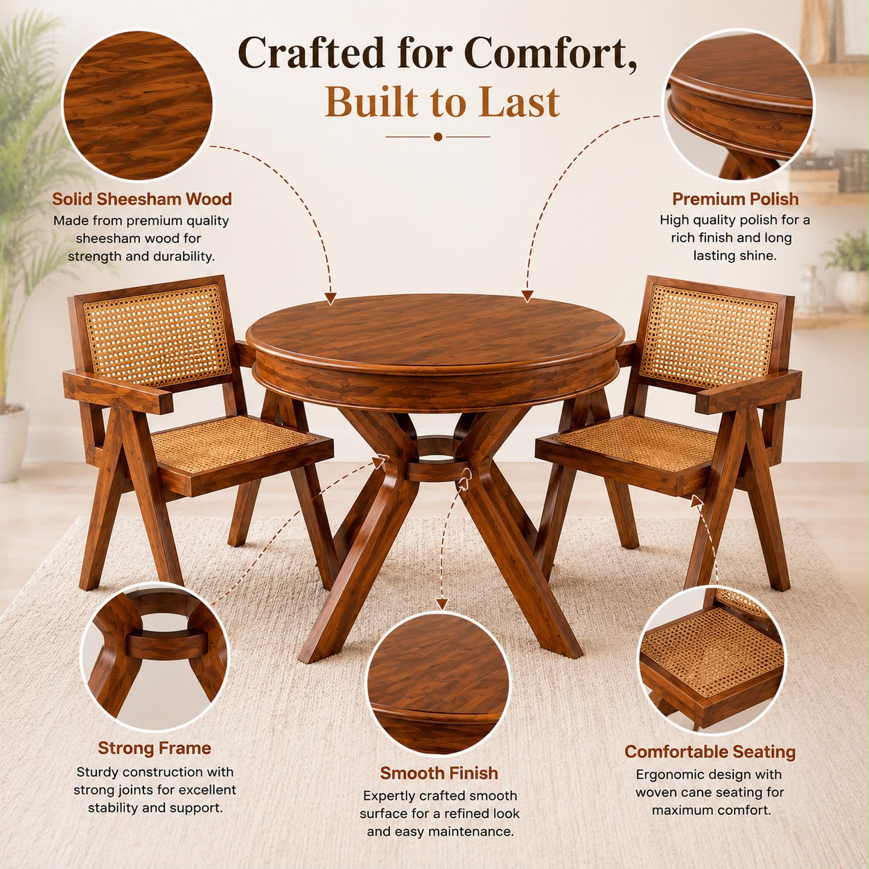 Premwood Solid Sheesham Wood Round Dining Table Set with 2 Cane Chairs | 100 cm Round Wooden Dining Set for Home & Dining Room | Honey Finish