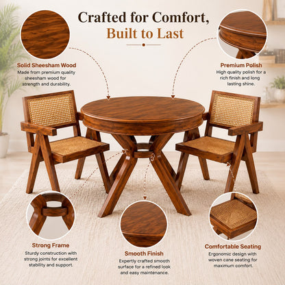 Premwood Solid Sheesham Wood Round Dining Table Set with 2 Cane Chairs | 100 cm Round Wooden Dining Set for Home & Dining Room | Honey Finish